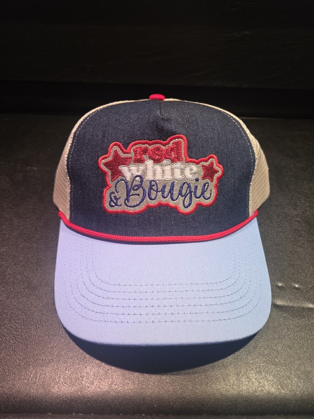 NWT RED WHITE & BOUGIE Women’s USA Patriotic Denim Mesh Trucker Hat American